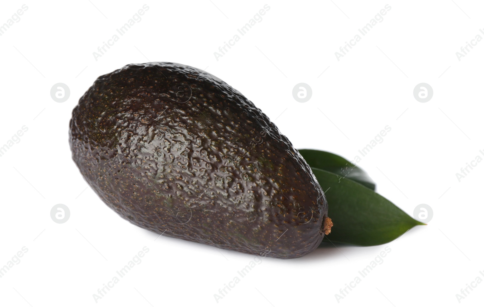 Photo of Delicious ripe avocado and green leaves on white background