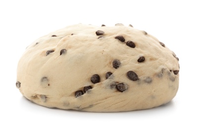 Photo of Raw wheat dough with chocolate chips on white background