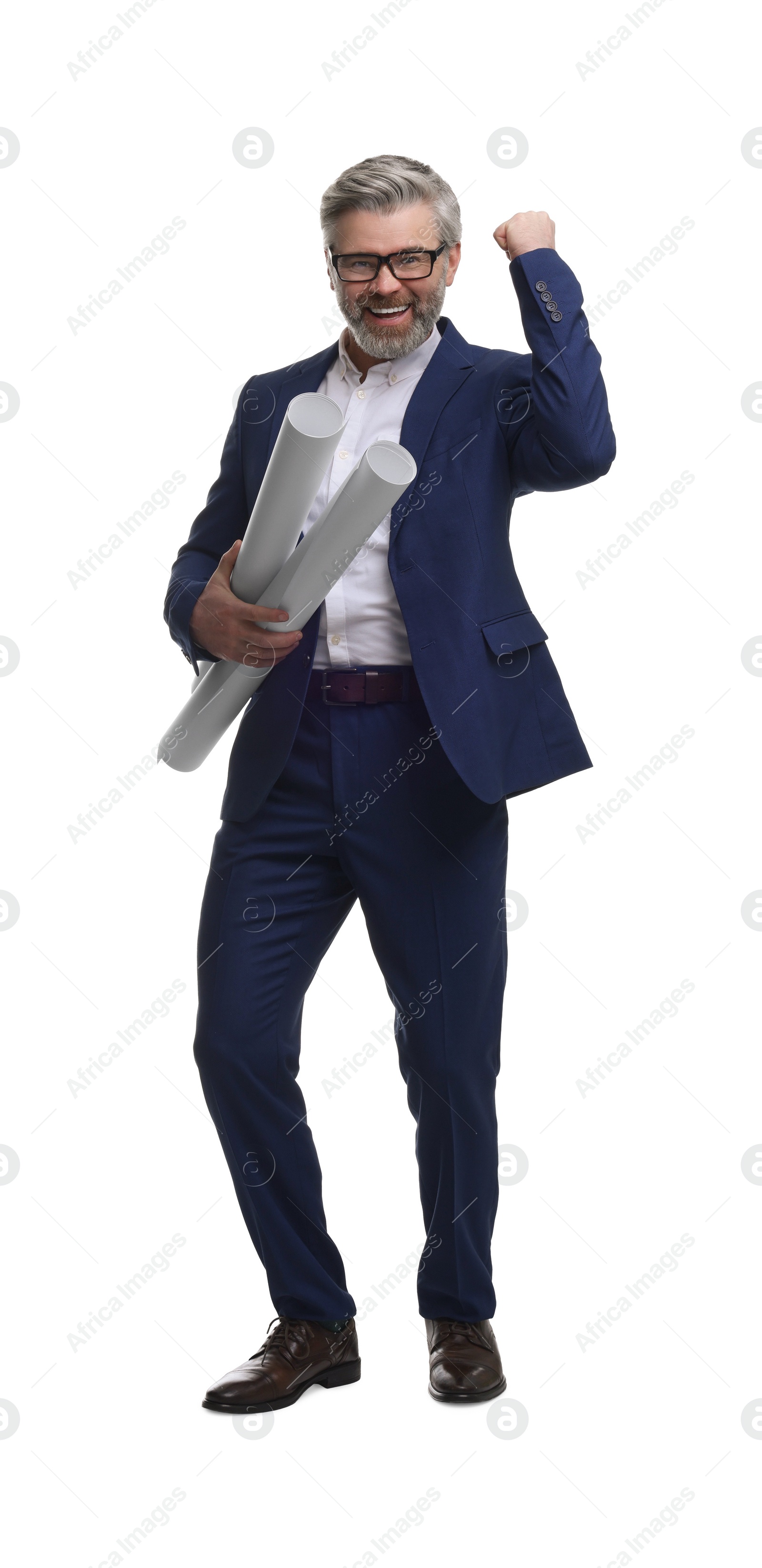 Photo of Architect in glasses holding drafts on white background