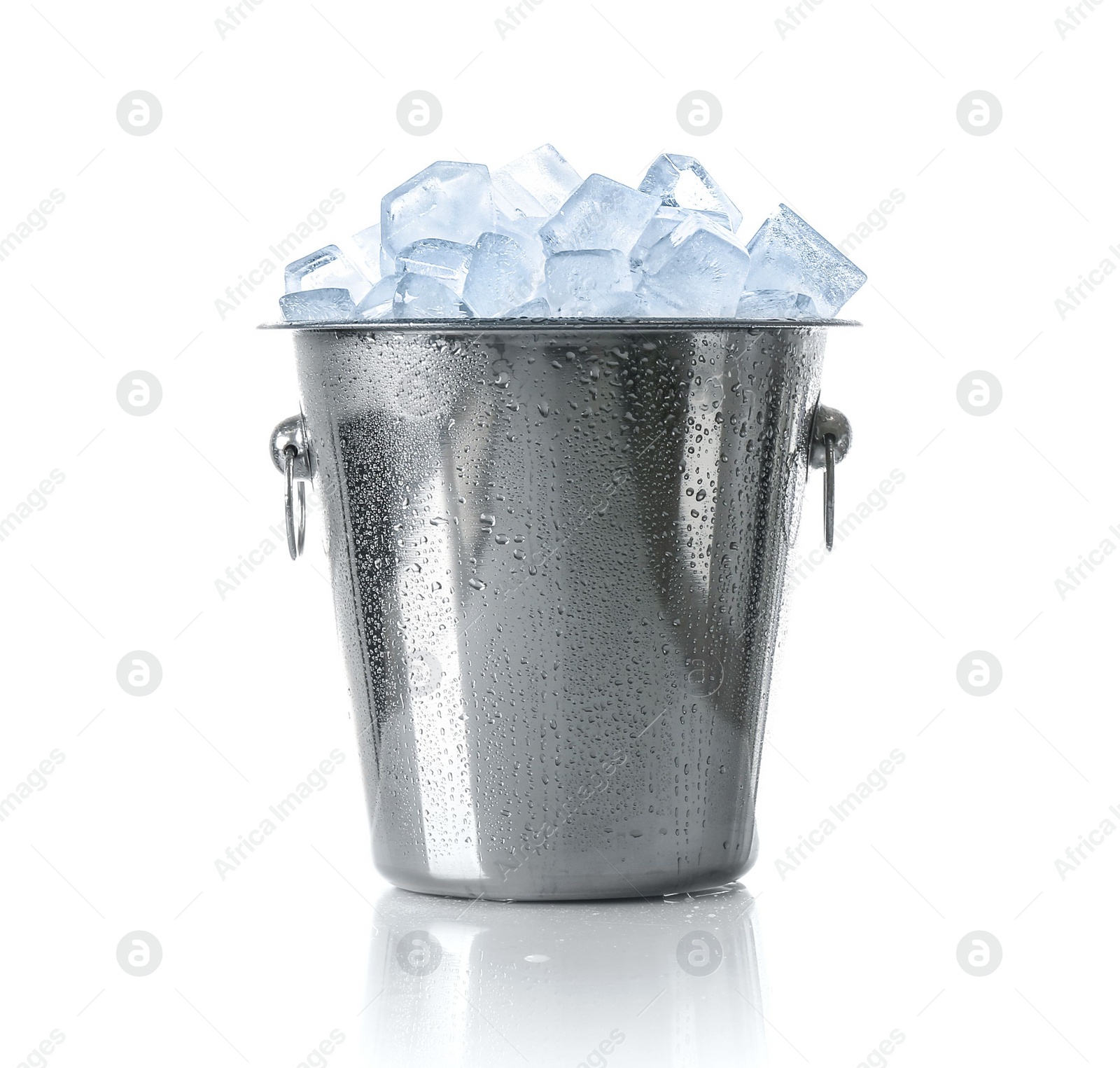 Photo of Ice cubes in bucket isolated on white