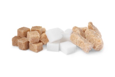 Different types of sugar on white background