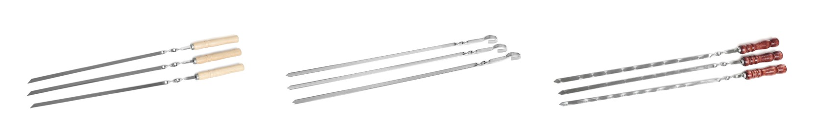 Image of Set with metal skewers on white background. Banner design