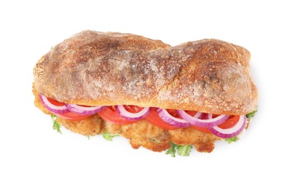 Photo of Delicious sandwich with schnitzel isolated on white, top view
