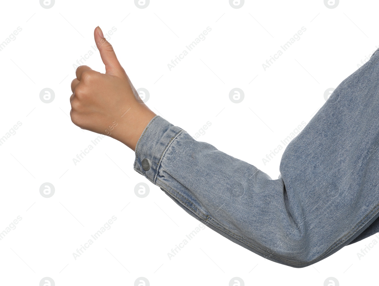 Photo of Woman hitchhiking on white background, closeup view