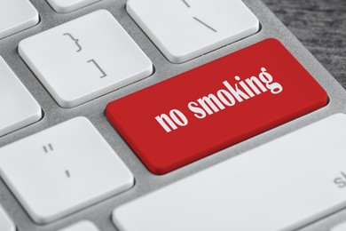 Image of Red button with phrase No smoking on computer keyboard, closeup