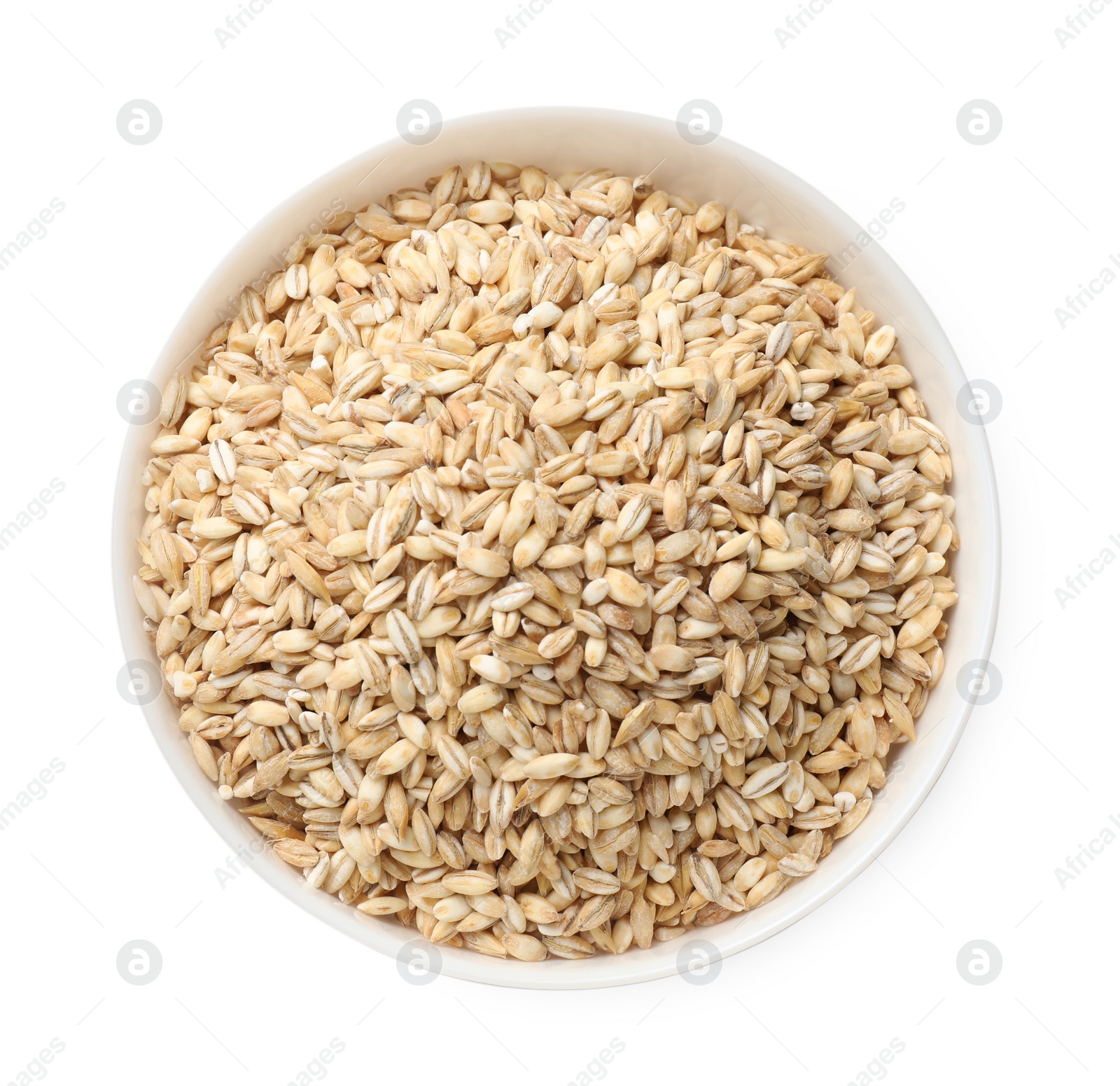 Photo of Dry pearl barley in bowl isolated on white, top view