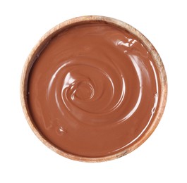 Tasty melted milk chocolate in bowl isolated on white, top view