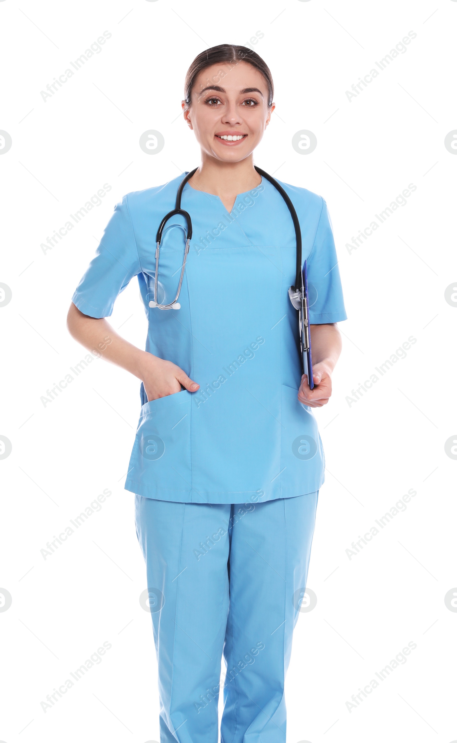 Photo of Portrait of medical doctor with clipboard and stethoscope isolated on white