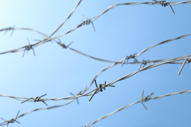 Metal barbed wire on light blue background