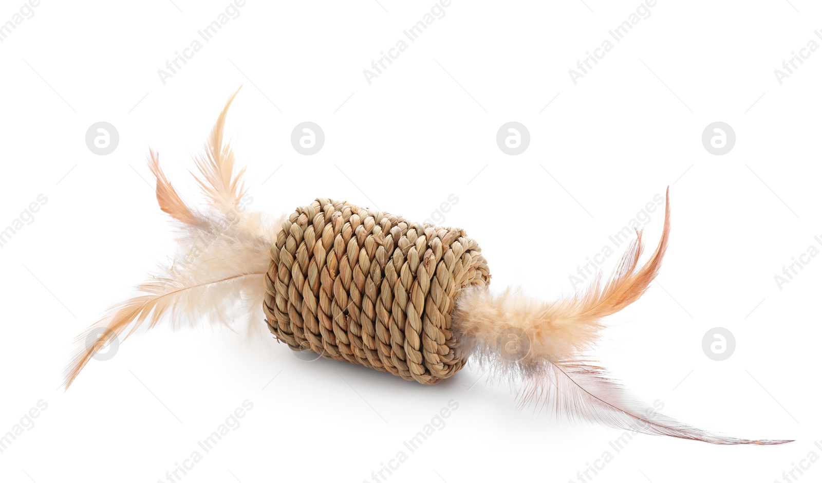 Photo of Straw toy with feathers for cat on white background. Pet accessory