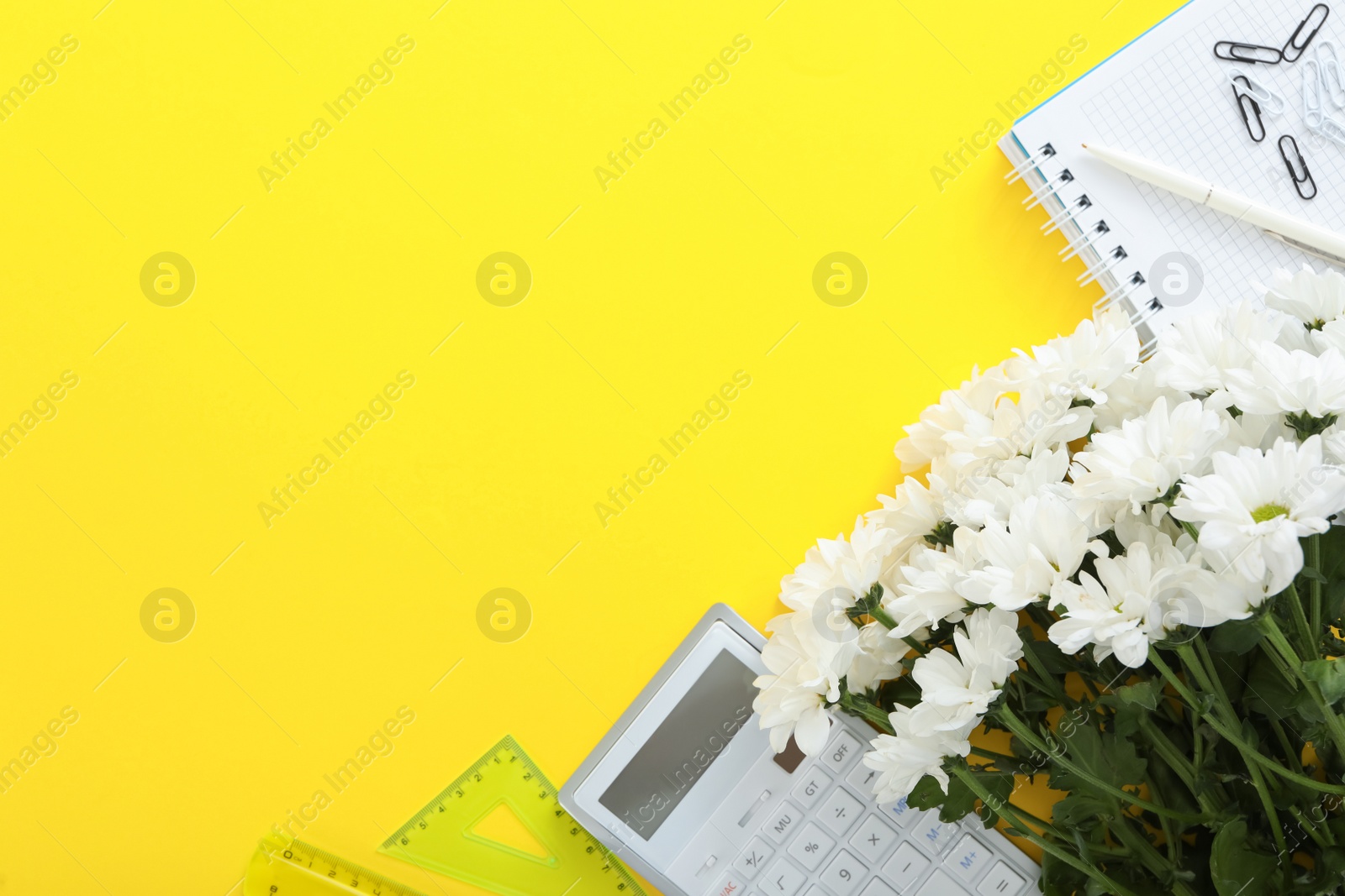 Photo of Beautiful flowers and stationery on yellow background, flat lay with space for text. Teacher's Day