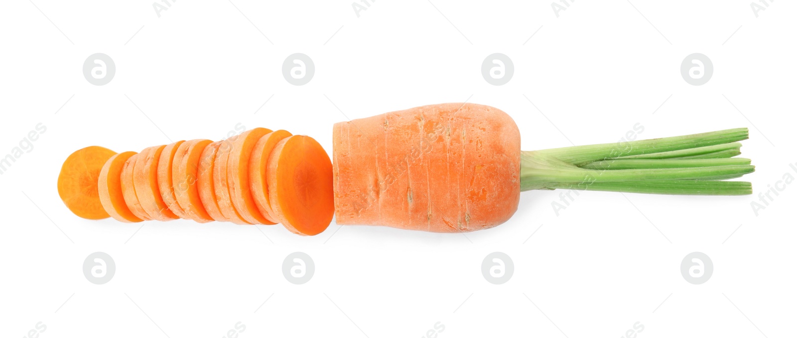 Photo of Sliced fresh ripe carrot isolated on white, top view