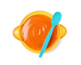 Photo of Delicious baby food in bowl and spoon isolated on white, top view