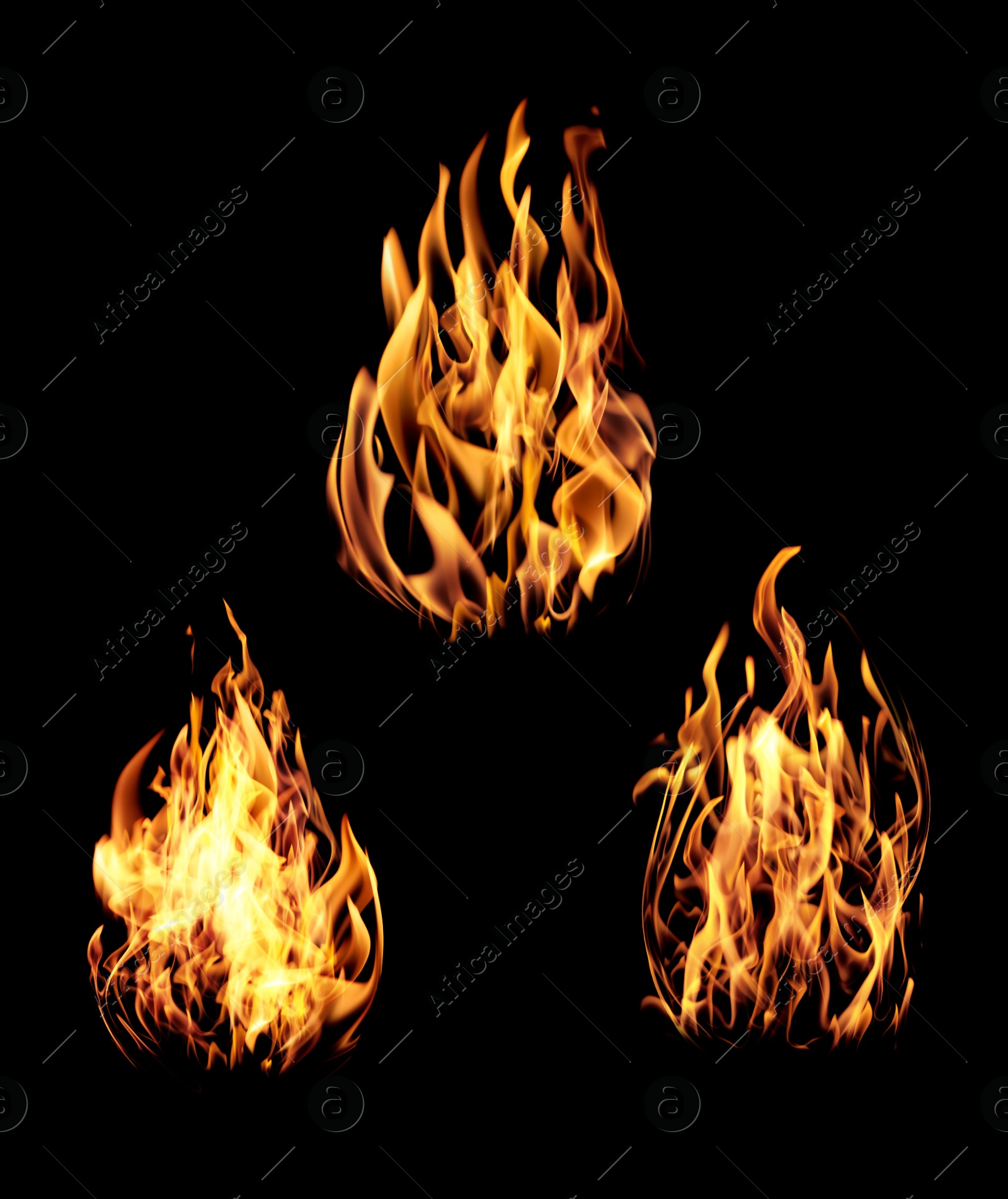 Image of Collection of bright fire flames on black background