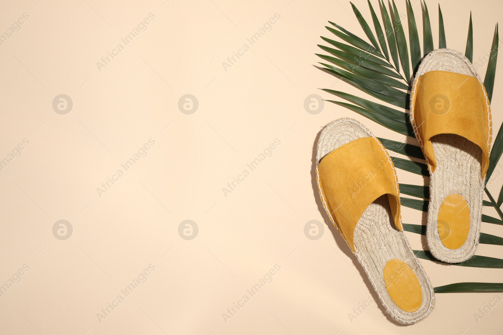 Photo of Slide shoes and palm leaf on beige background, flat lay with space for text. Beach accessory