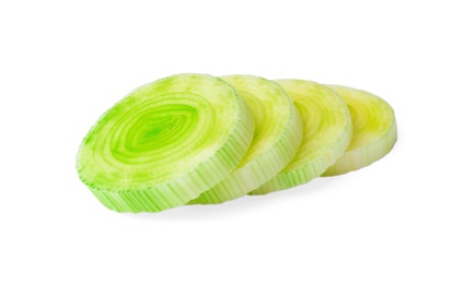 Photo of Fresh raw leek slices on white background. Ripe onion
