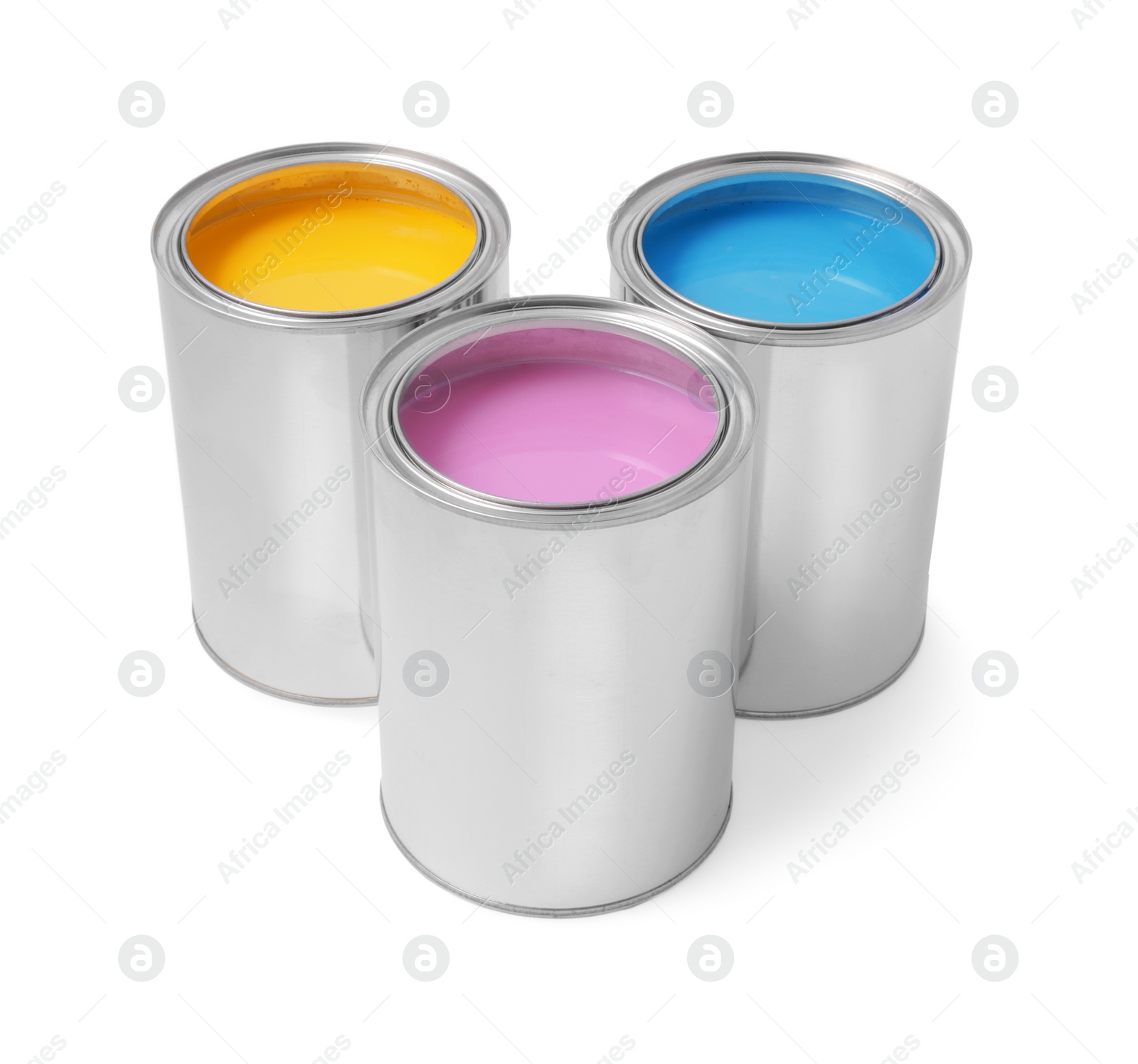 Photo of Cans with different paints on white background