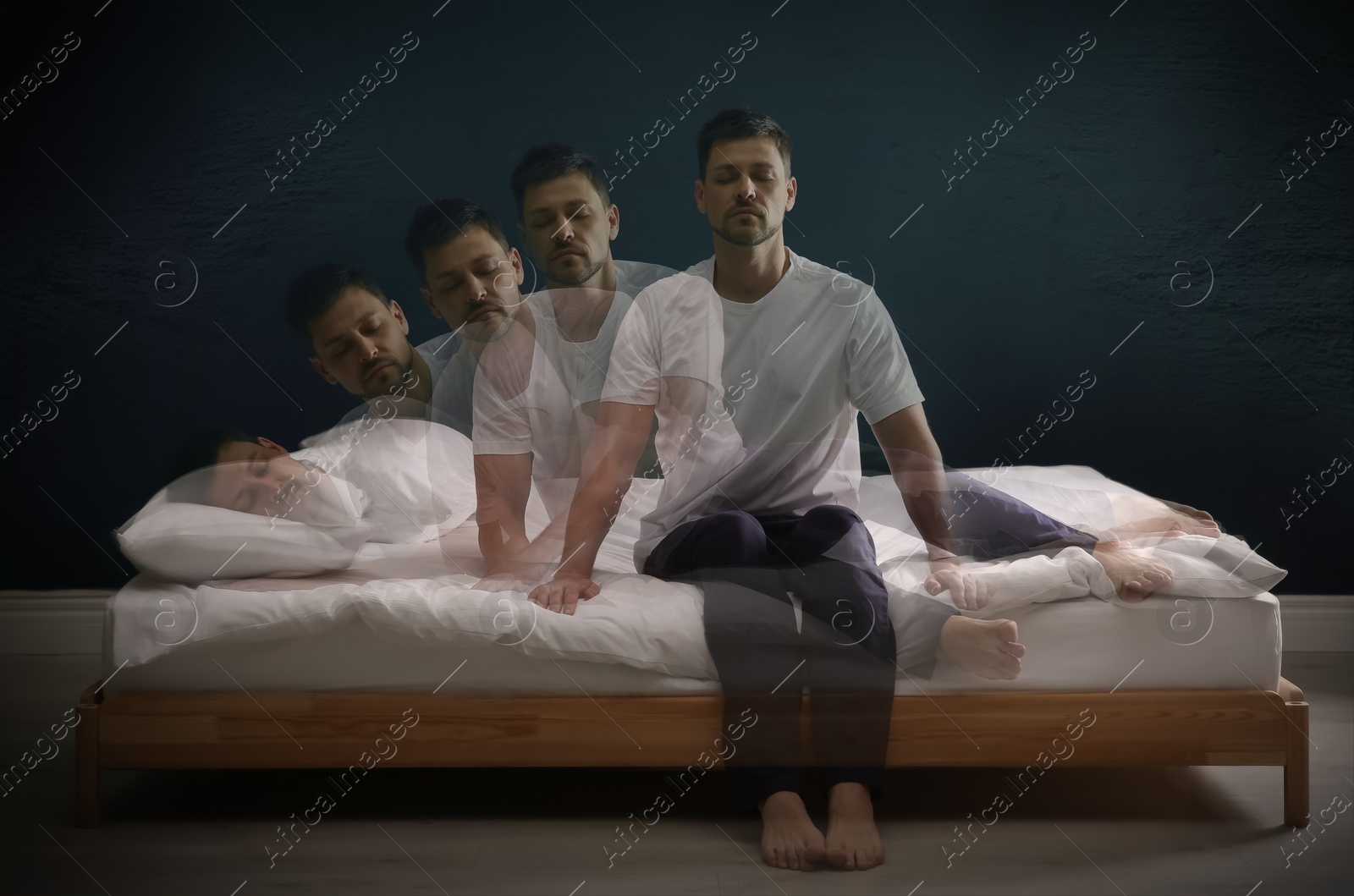 Image of Somnambulist rising from bed near dark wall indoors, multiple exposure. Sleepwalking