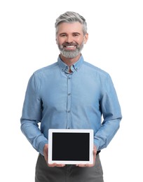 Mature businessman in stylish clothes with tablet on white background