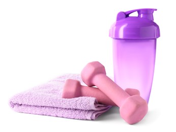 Photo of Dumbbells, water bottle and towel isolated on white
