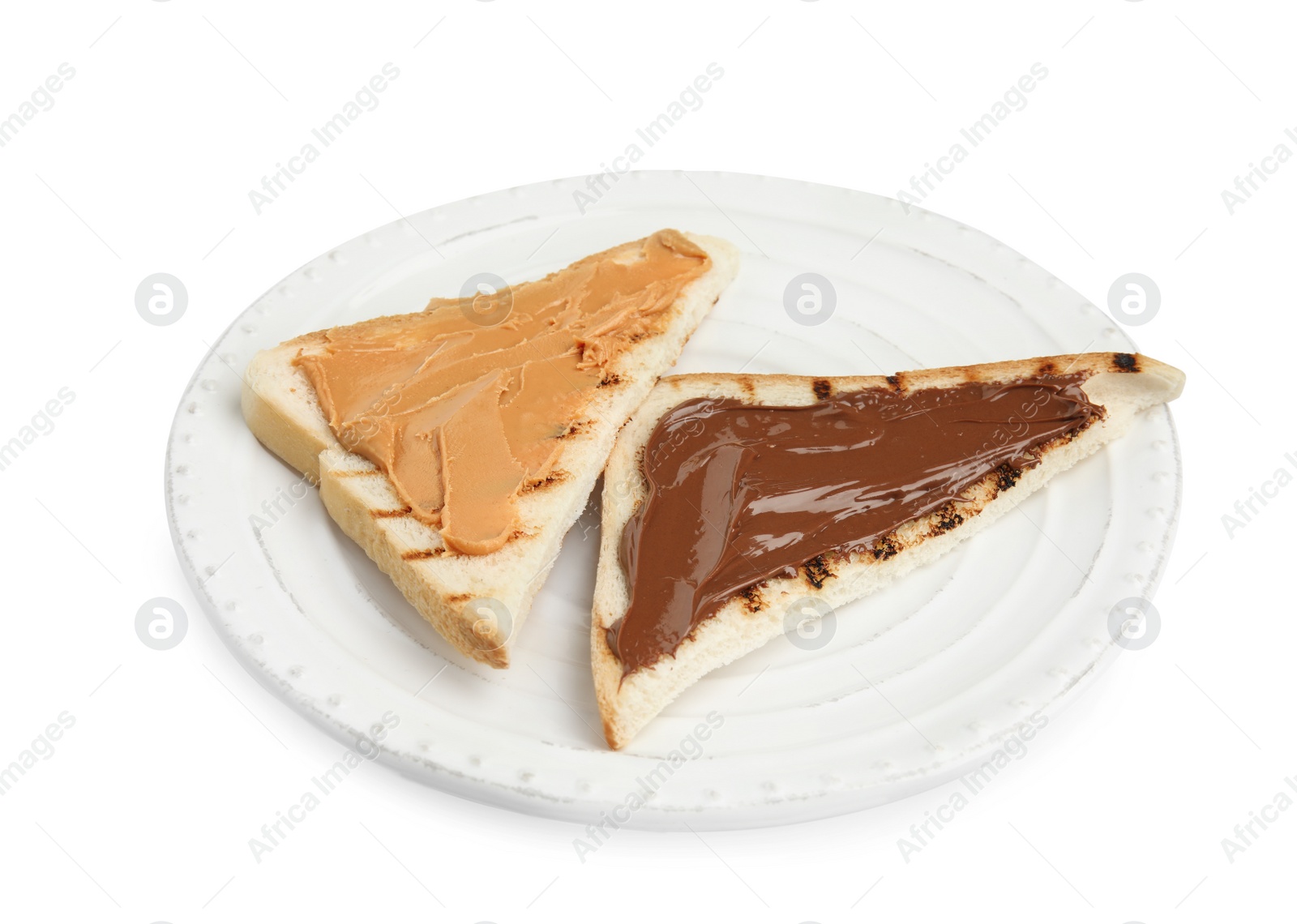 Photo of Slices of bread with different spreads on white background