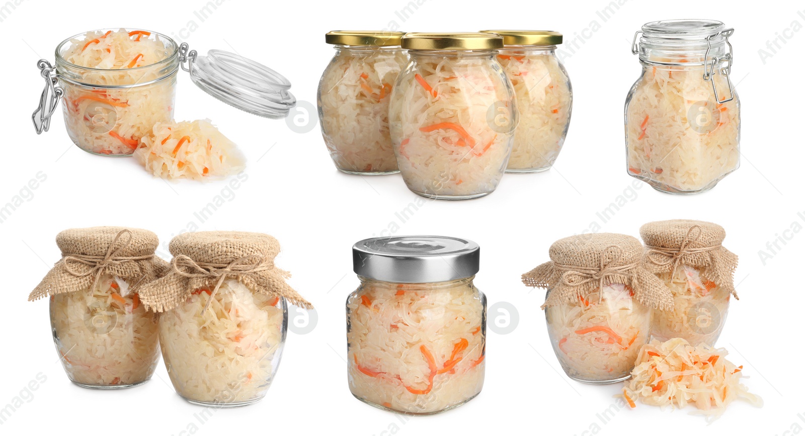 Image of Set with tasty fermented cabbage with carrot on white background. Banner design