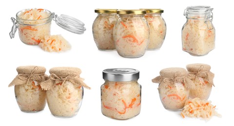 Image of Set with tasty fermented cabbage with carrot on white background. Banner design