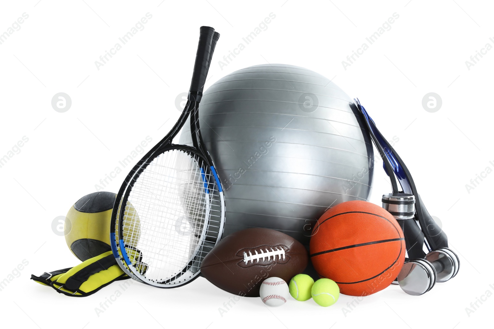 Photo of Set of different sports equipment on white background