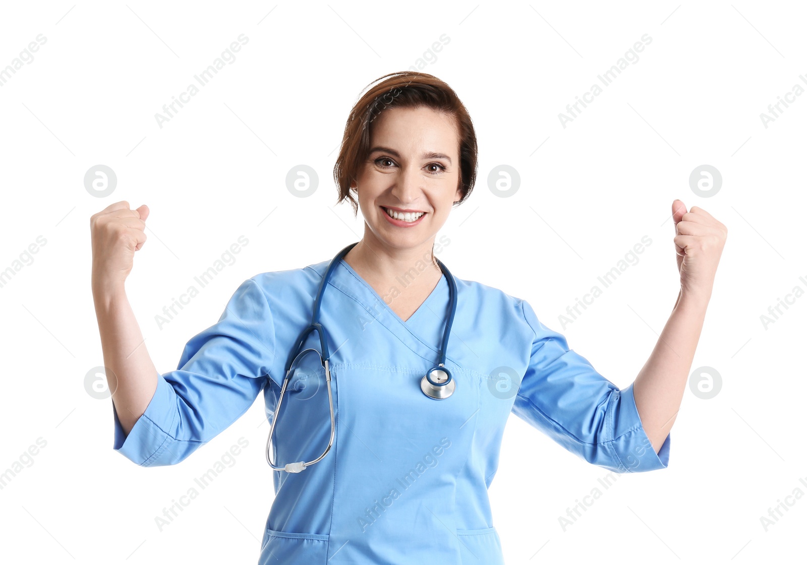 Photo of Portrait of experienced doctor in uniform on white background. Medical service