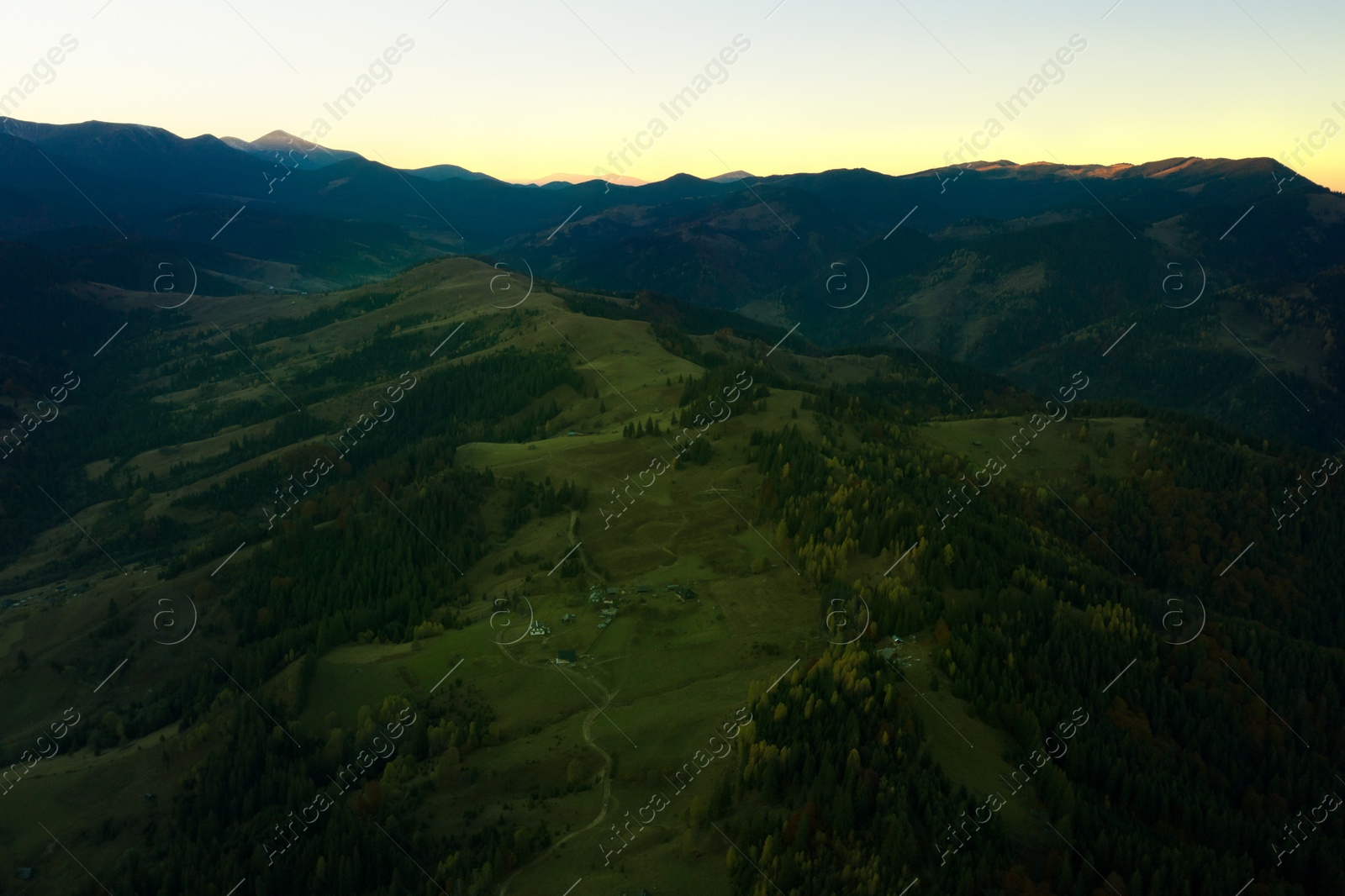 Image of Beautiful mountains and forest in morning. Drone photography