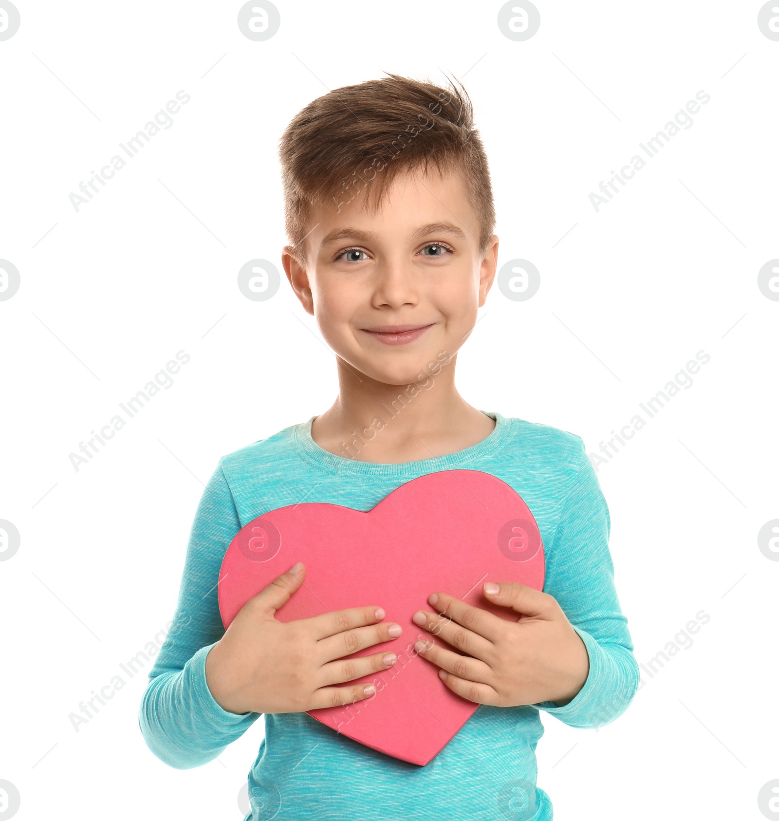 Photo of Cute boy with decorative heart on white background