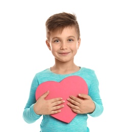 Cute boy with decorative heart on white background