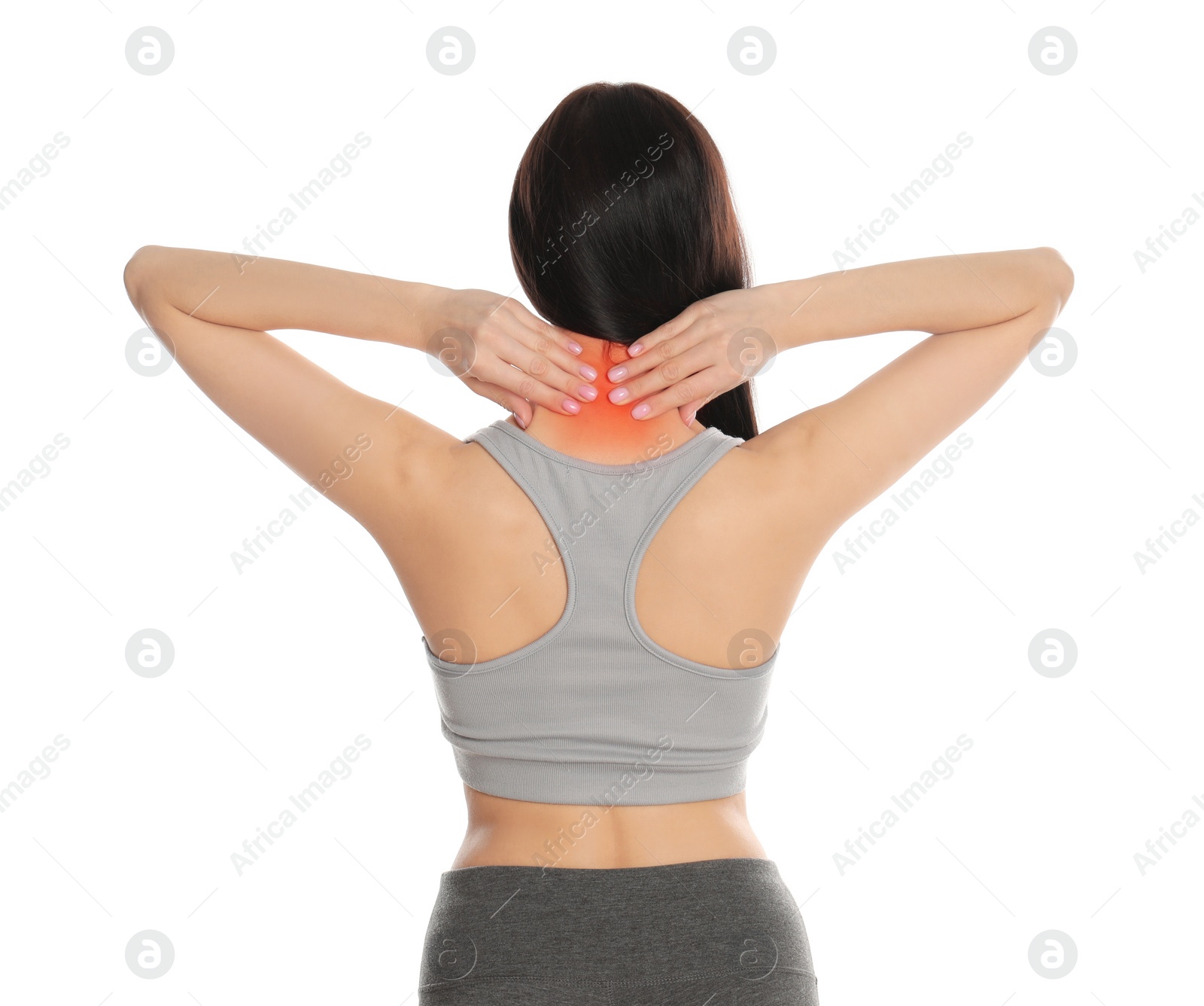 Image of Woman suffering from pain in neck on white background