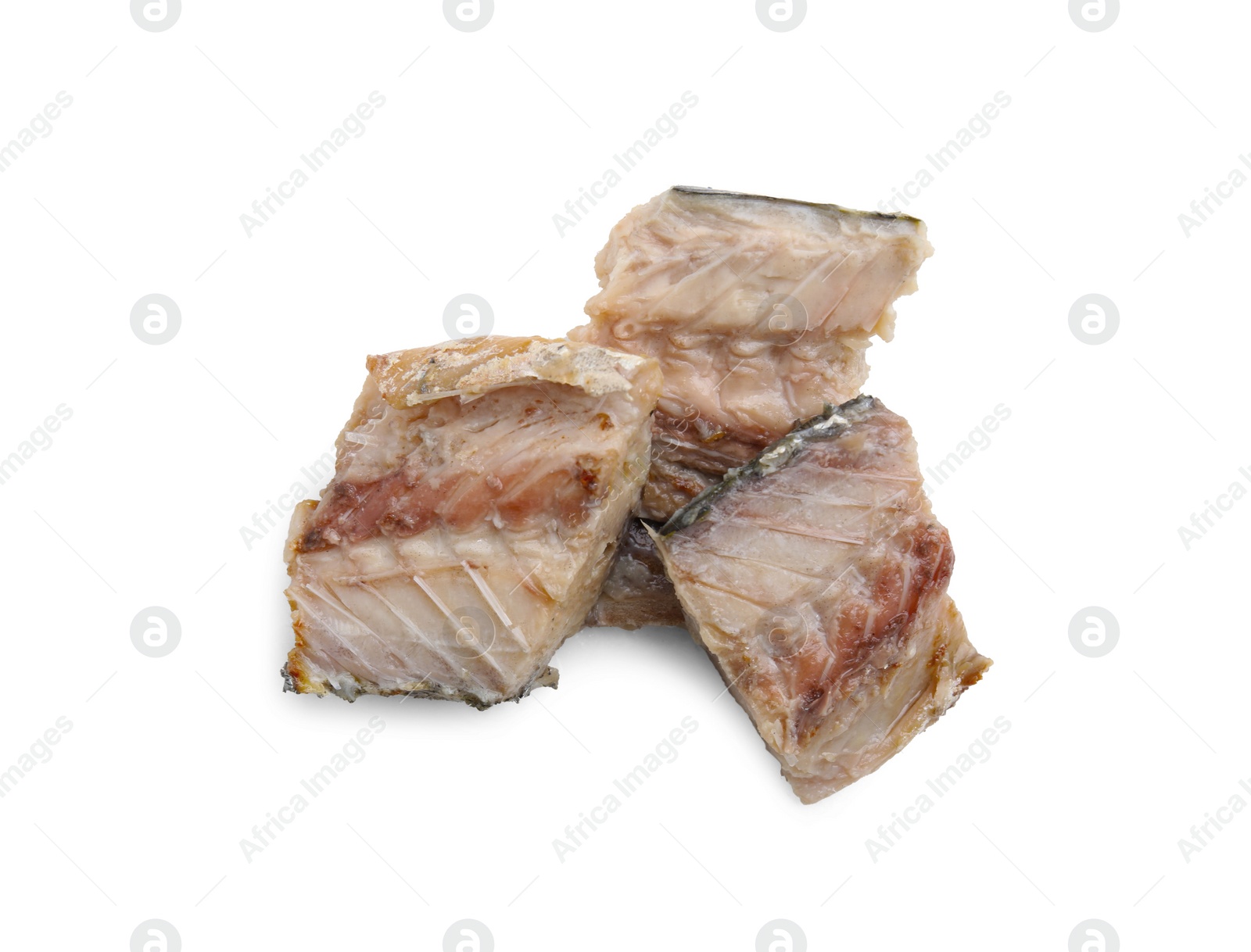 Photo of Delicious canned mackerel chunks on white background, top view