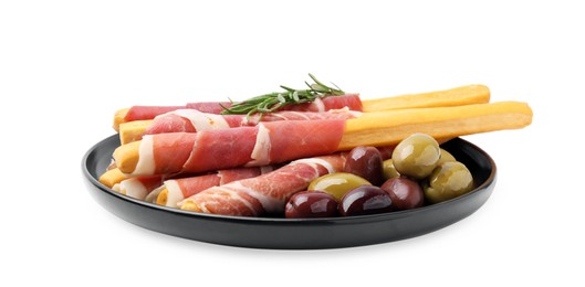 Photo of Plate of delicious grissini sticks with prosciutto and olives on white background