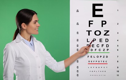 Ophthalmologist pointing at vision test chart on green background