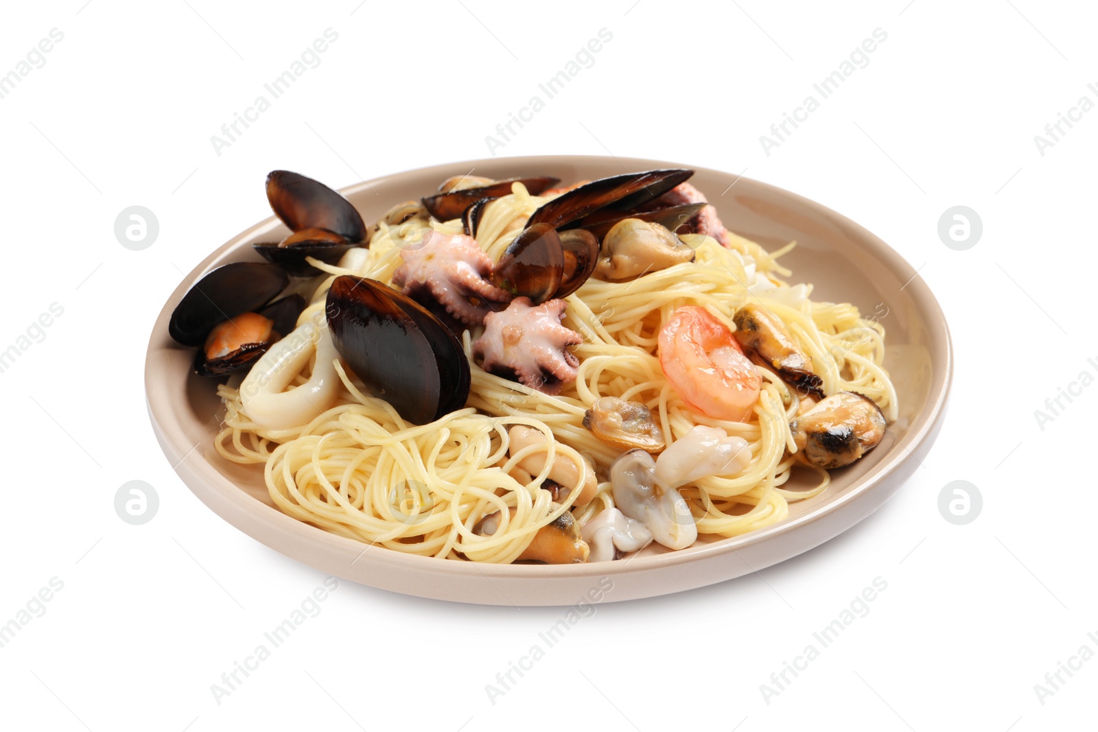 Photo of Delicious pasta with sea food in plate isolated on white