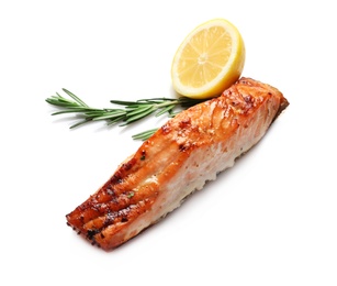 Tasty cooked salmon with lemon and rosemary on white background