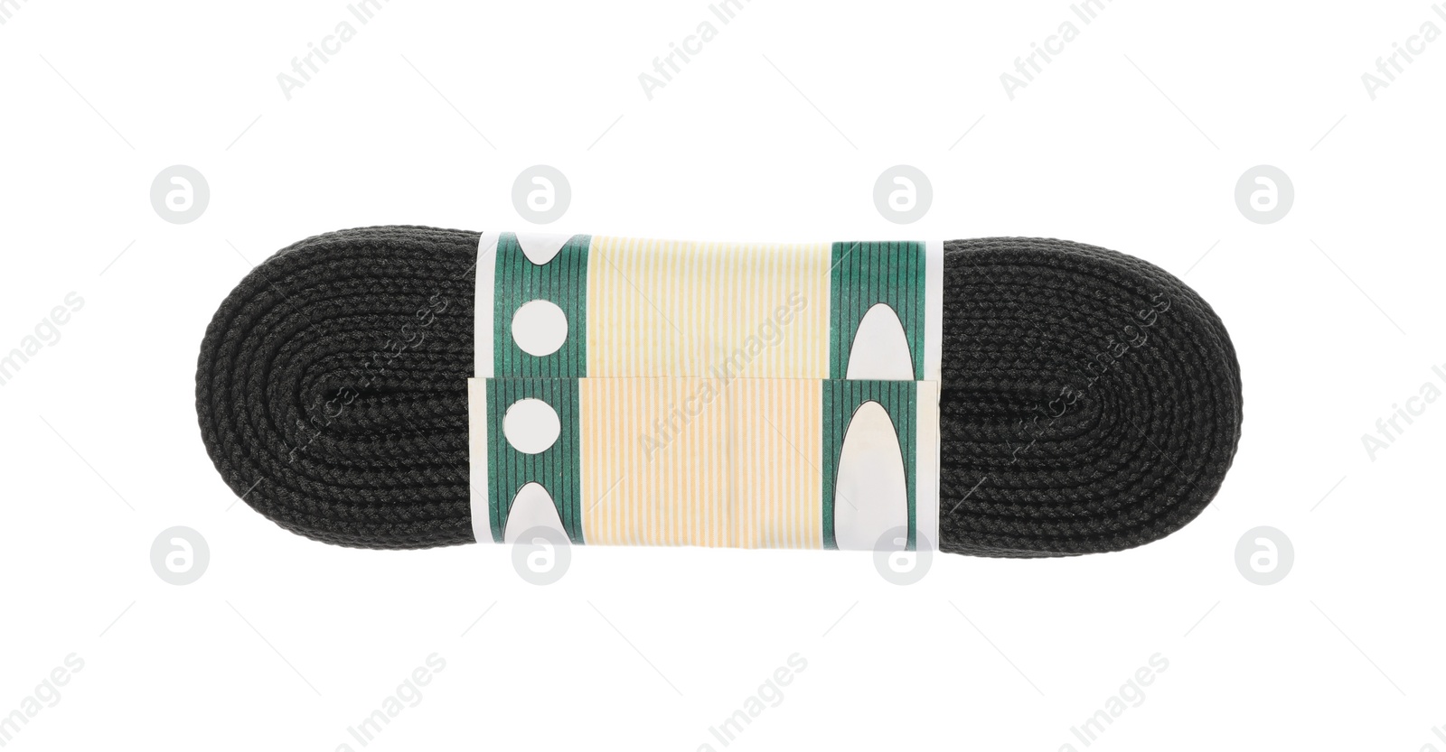 Photo of Packed black shoe lace isolated on white