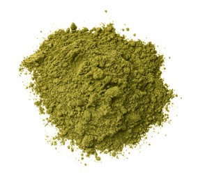 Photo of Heap of henna powder isolated on white, top view