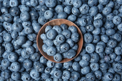 Freshly picked juicy blueberries as background, top view