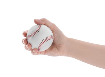 Photo of Woman with baseball ball on white background, closeup