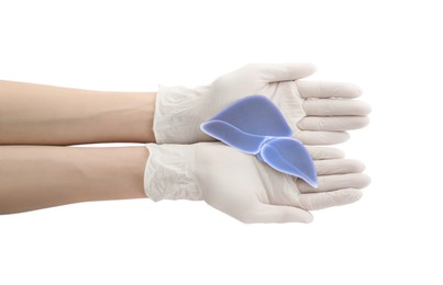 Photo of Doctor in gloves holding paper liver on white background, closeup and top view. Hepatitis treatment