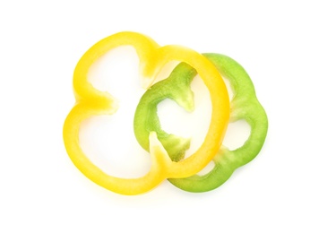 Cut ripe paprika pepper on white background, top view