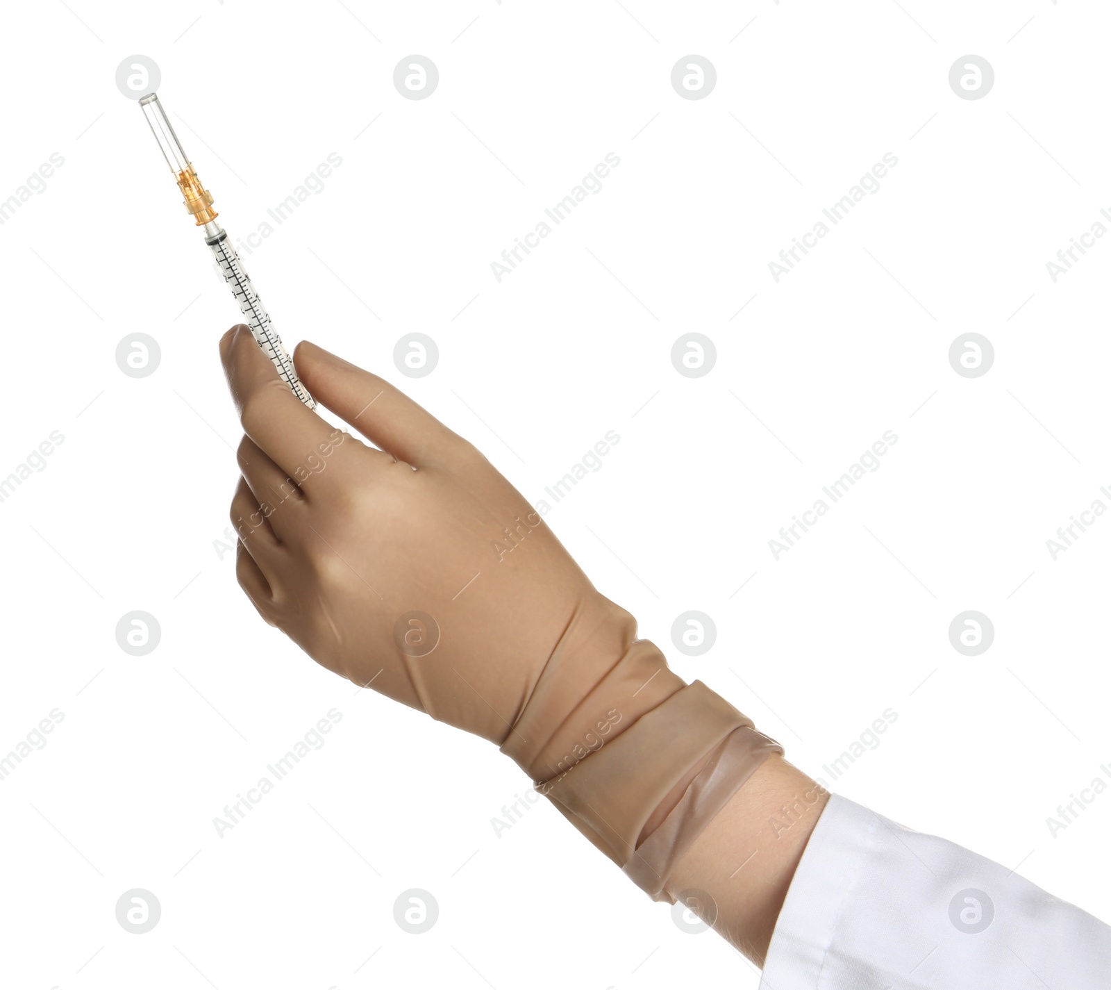 Photo of Doctor in medical glove holding syringe on white background