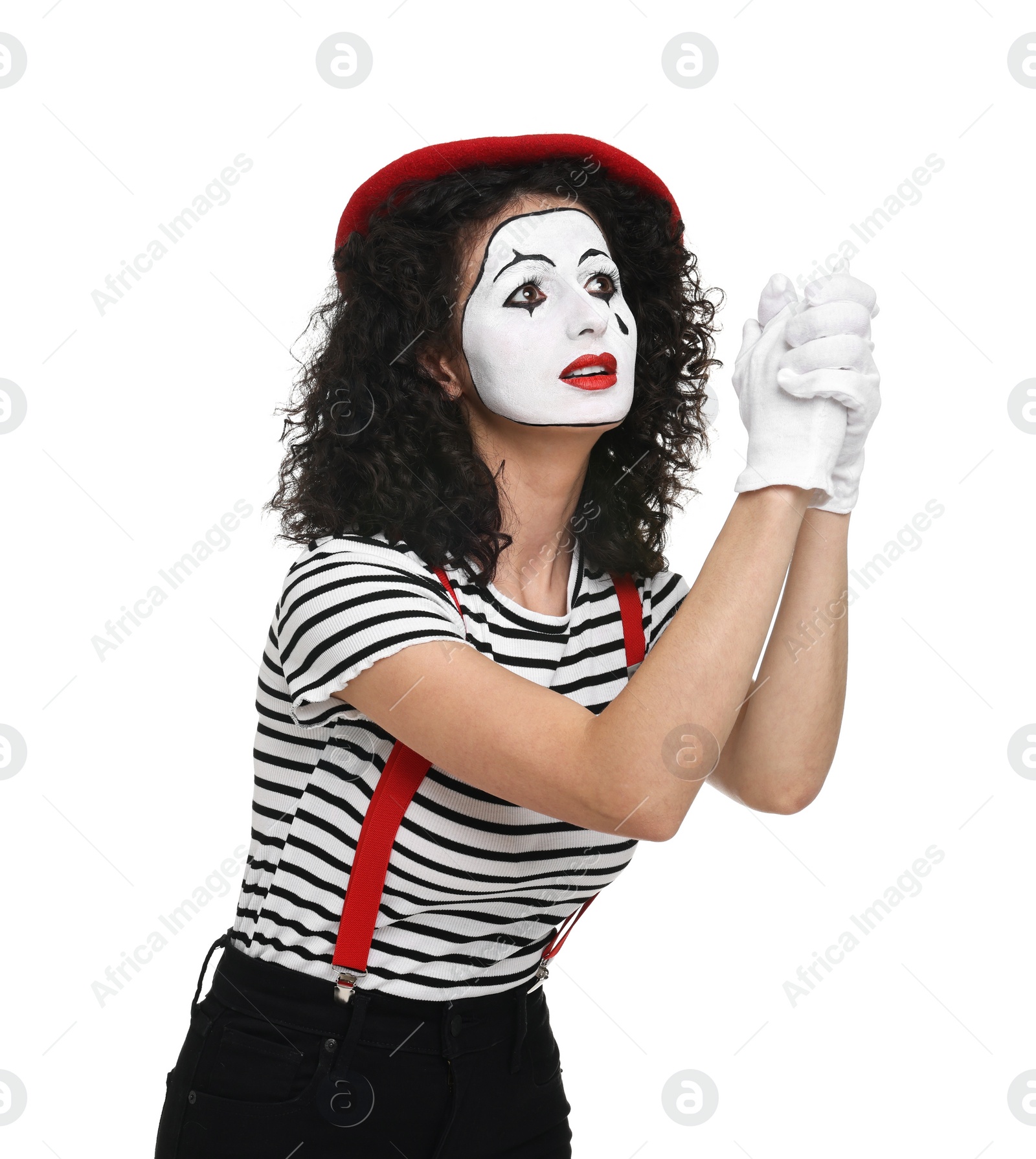 Photo of Sad mine with beret posing on white background