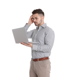 Emotional man with laptop on white background