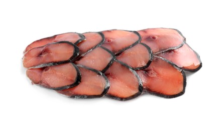 Photo of Raw mackerel slices isolated on white. Fish delicacy