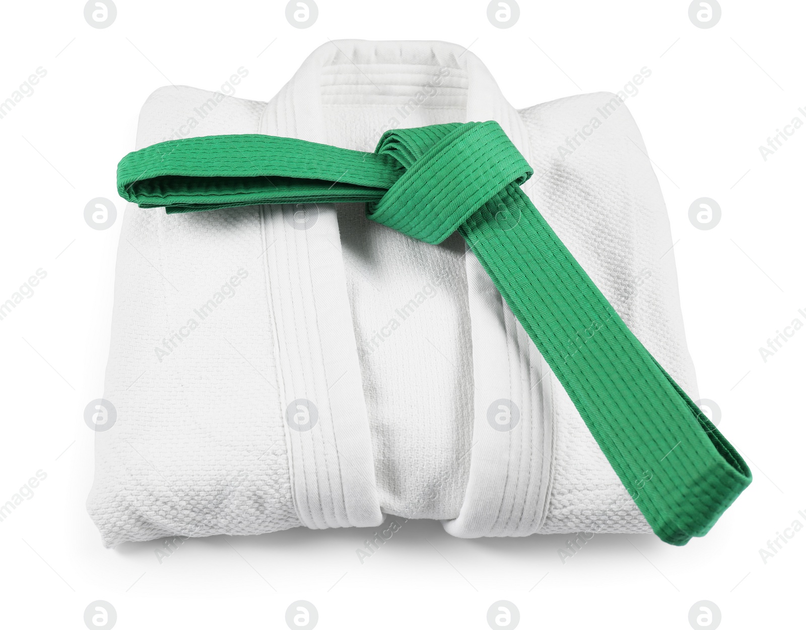 Photo of Martial arts uniform with green belt isolated on white