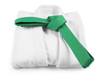 Photo of Martial arts uniform with green belt isolated on white